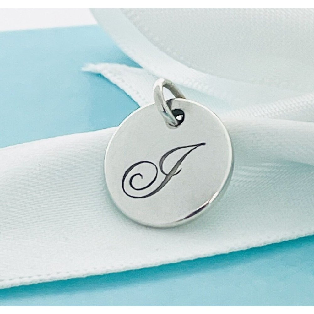 Tiffany Silver Letter J Alphabet Initial Round Circle Notes Disc Charm Pendant